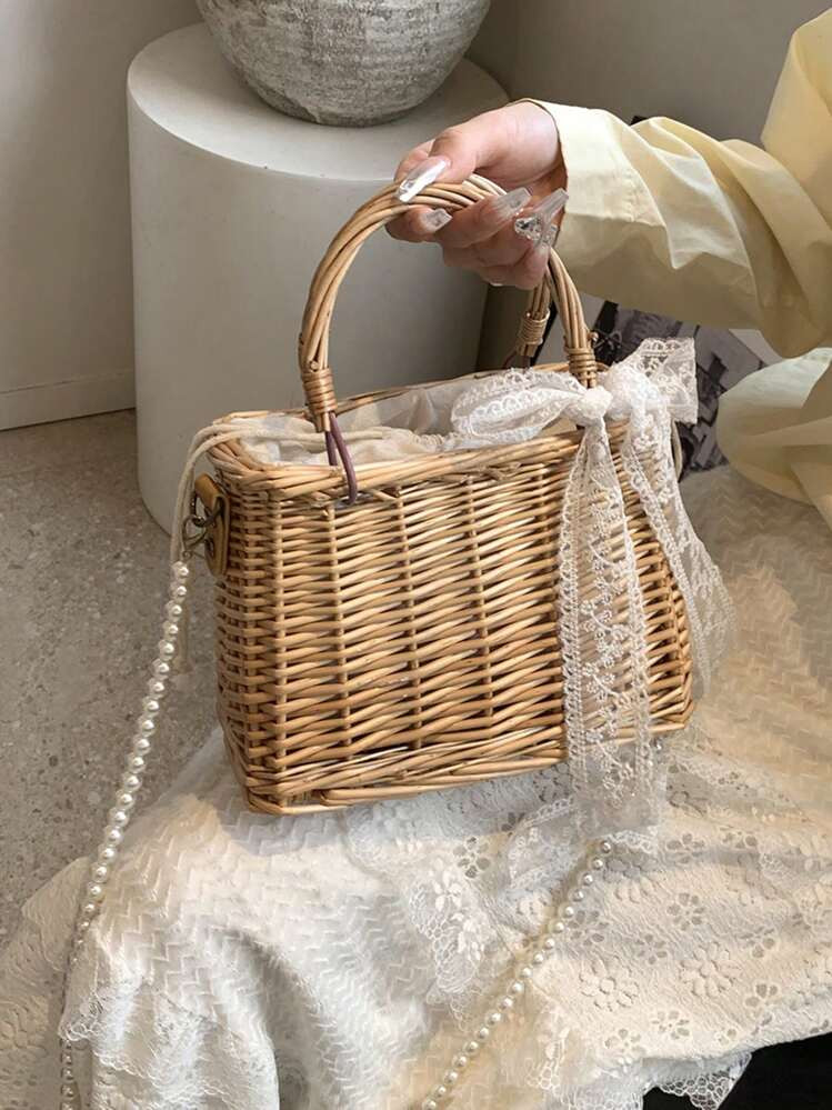 1pc Khaki Color Woven Bag, Handmade Woven Handbag With Drawstring, Lace Bow Decor, Countryside Style Casual Tote Bag For Women, Pearls Chain Strap For Outdoor, Wedding Bride & Bridesmaid | SHEIN