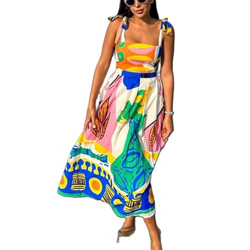 NUFIWI Women Boho Graffiti Cami Long Dress Graphic Spaghetti Strap Flowy Maxi Dress Square Neck Colorful A Line Sundress | Amazon (US)