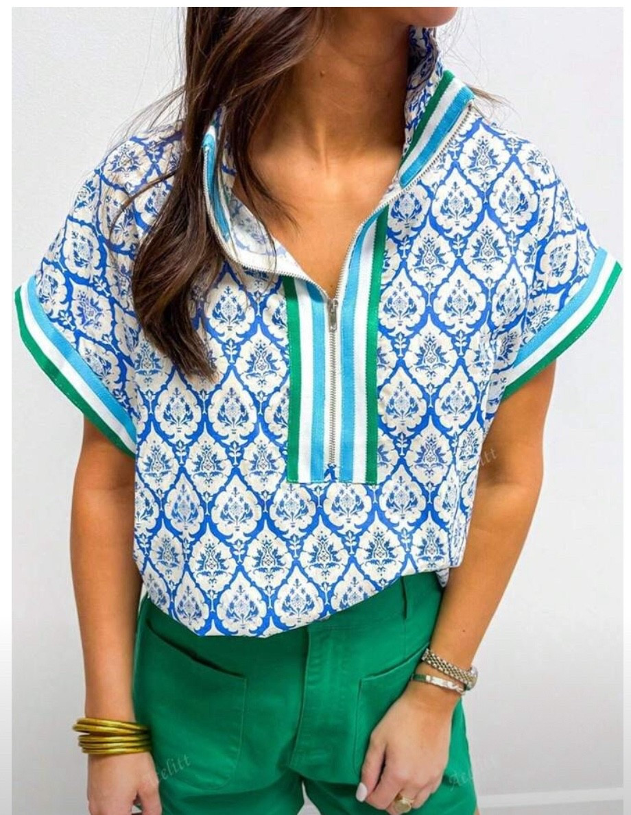 🌊💙This AceLitt Summer Top from SHEIN is giving Tuckernuck-on-a-budget energy! 💸 The bold blue and white block print pattern is a total standout, and the sporty zip neckline with green + aqua contrast stripes makes it feel equal parts preppy and playful 🎾🍃

With its boxy fit and soft cotton-blend fabric, it’s the perfect breezy piece to tuck into high-waisted shorts, colorful trousers (like these vibrant green ones! 💚), or even a skort for a tennis-core vibe ⛳

✨ Currently under $15 and trending!
👕 Fit is true to size — wearing a Small here.
📊 #11 Bestseller in “Baby Blue Women Tops”
📌 Styled with stacked gold bangles and fresh summer glam 🌞

#LTKunder25 #PreppyStyle #TuckernuckLookForLess #BlockPrintTop #SHEINStyle #LTKsummer #PreppyVibes #ZipTopTrend #SummerTops #LTKfinds #AffordableStyle #ChinoiserieChic #BlueAndWhiteForever

#LTKFindsUnder100 #LTKFindsUnder50 #LTKSeasonal