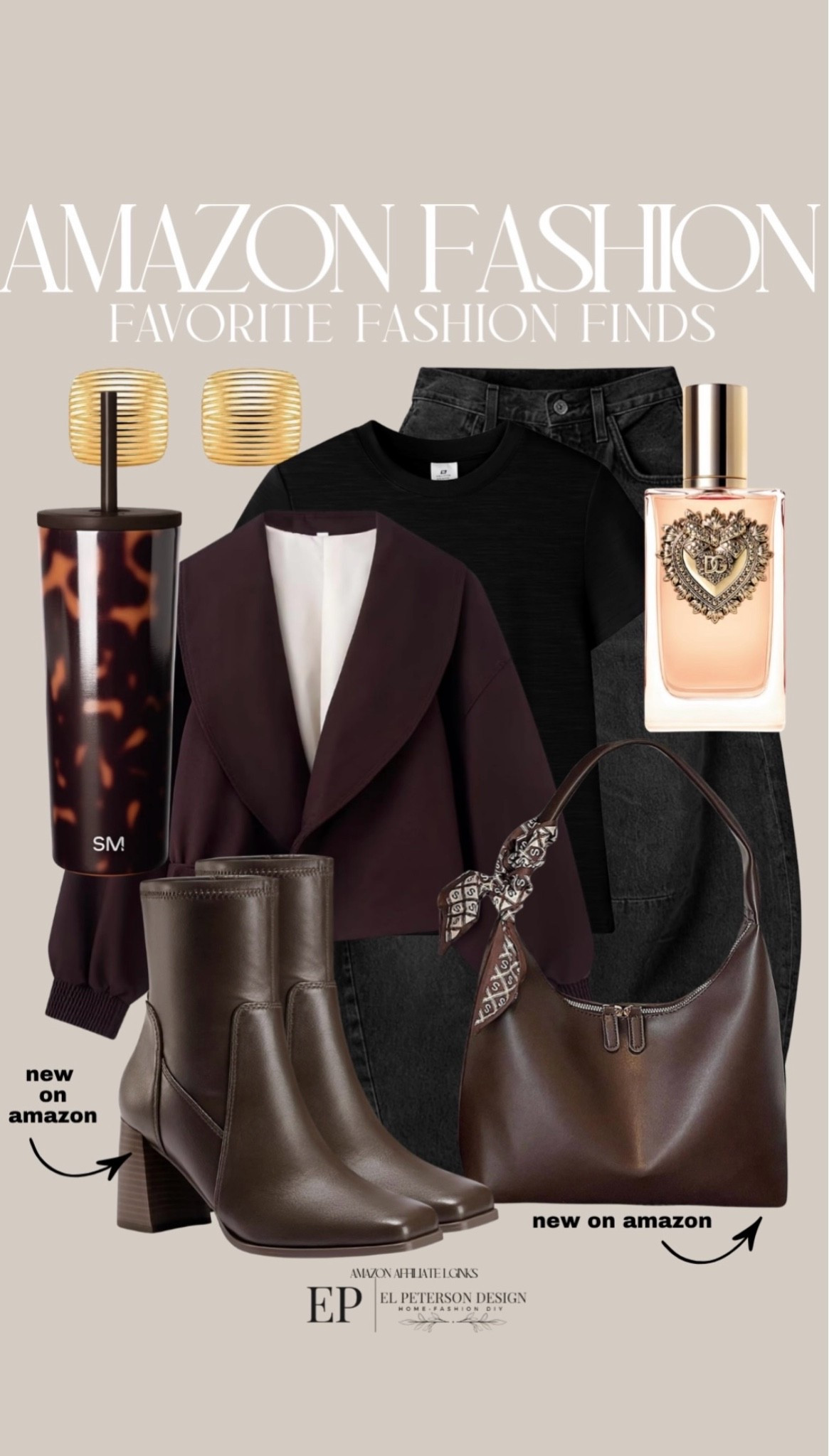 Amazon
Barrel jeans
Jacket
Ankle boots
Tumbler
Earrings
Perfume
Purse