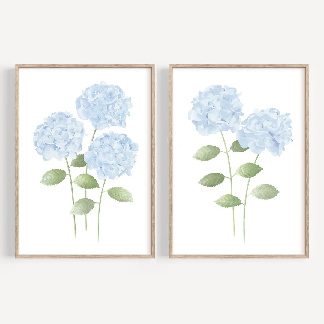 Light Blue Hydrangea Print Set of 2 Hydrangea Painting Modern Minimalist Watercolor Hydrangea Wal... | Etsy (US)