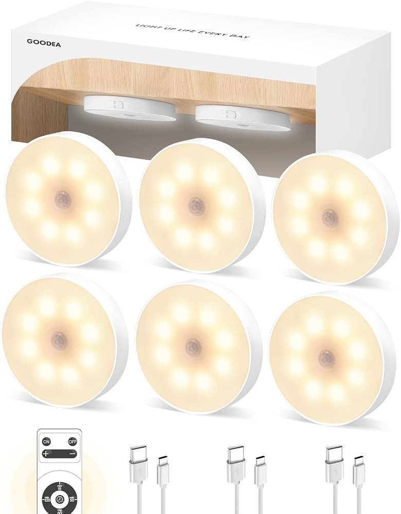GOODEA Motion Sensor Night Light, Battery Operated Puck Lights with Remote, Dimmable Warm White N... | Amazon (US)