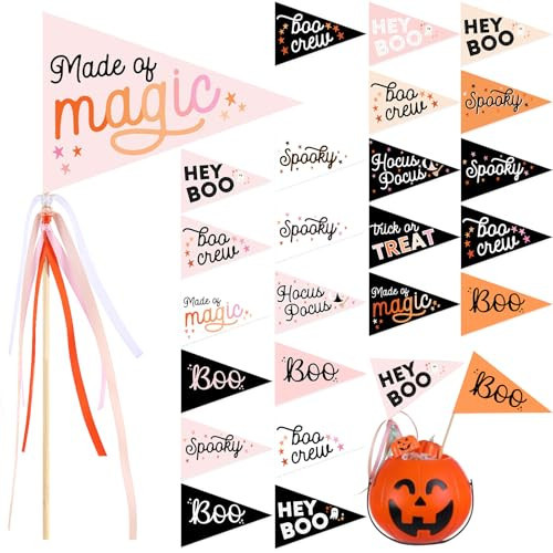 24 Pcs Halloween Stick Flags Decorations Boo Mini Handheld Flag on Wood Stick Ghost Pennant Paper with Ribbons for Halloween Party Decoration Boo Basket Decoration | Amazon (US)