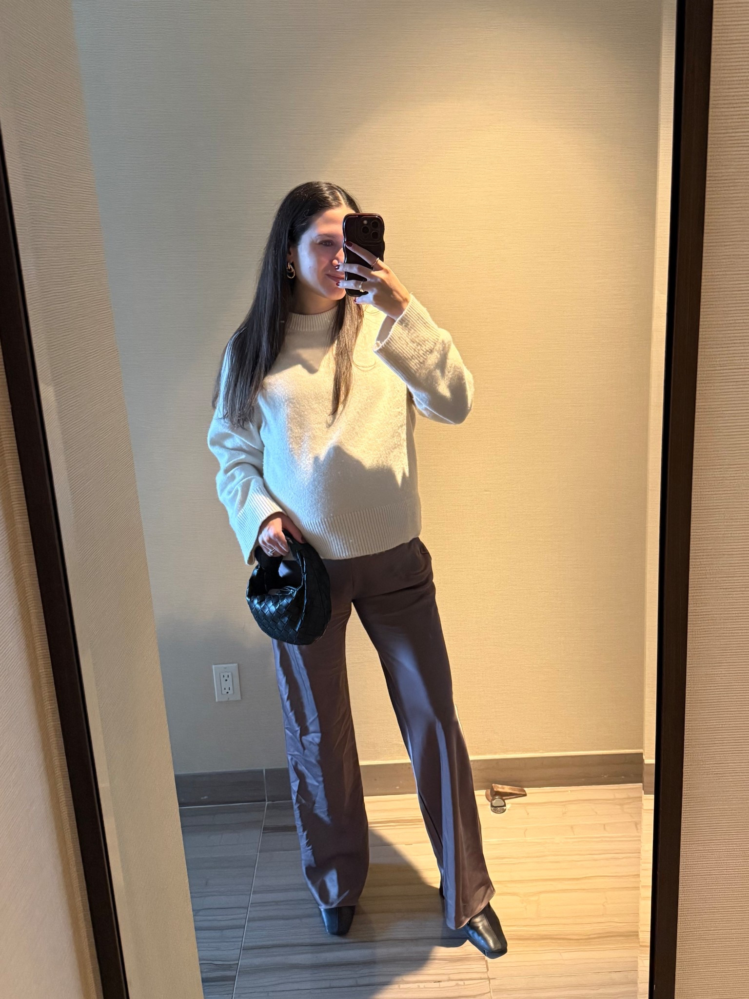 Obsessed with these satin pants for pregnancy (30 weeks) - wearing normal size & super stretchy to fit bump easily!!

Color magnetic in pants size S 
Size M in sweater 

#LTKBaby #LTKBump