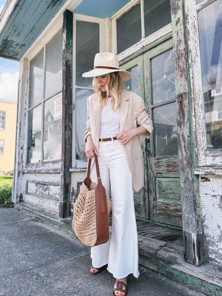 Neutral summer outfit with linen blazer, white jeans, straw hat, raffia tote bag, Gucci sandals 

#LTKShoeCrush #LTKItBag #LTKFindsUnder100