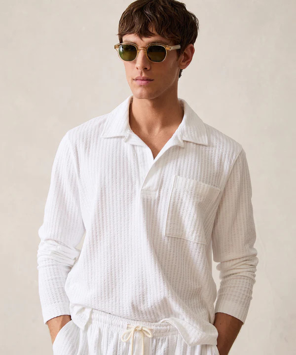 Long-Sleeve Knit Seersucker Polo in New White | Todd Snyder