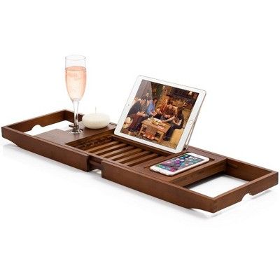 Bambusi Bathtub Caddy with Extendable Sides, Wine Glass Holder, Book Stand and Phone Tray, Brown | Target