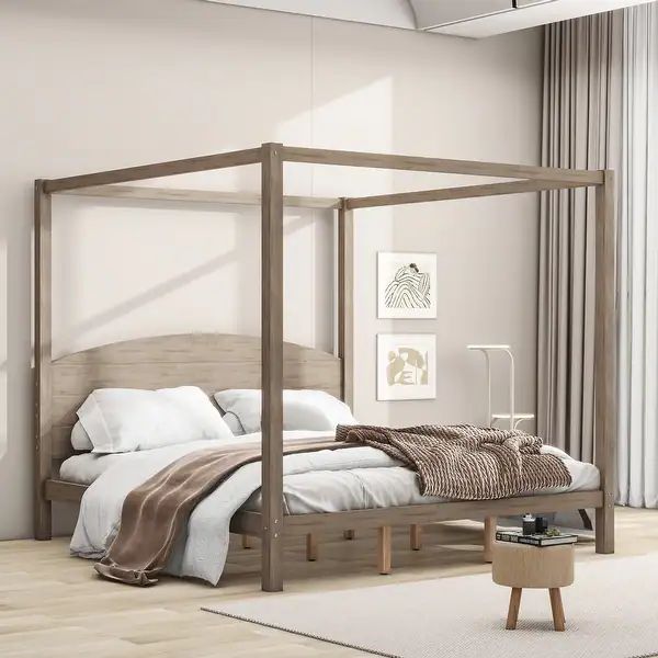 King Size Wood Canopy Bed w/ Headboard Upholstered Bed Frame, Brown | Bed Bath & Beyond