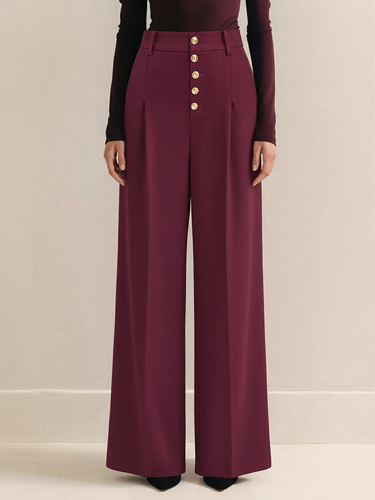 High-Waist Metal Button Pleated Wide-Leg Pants | Commense