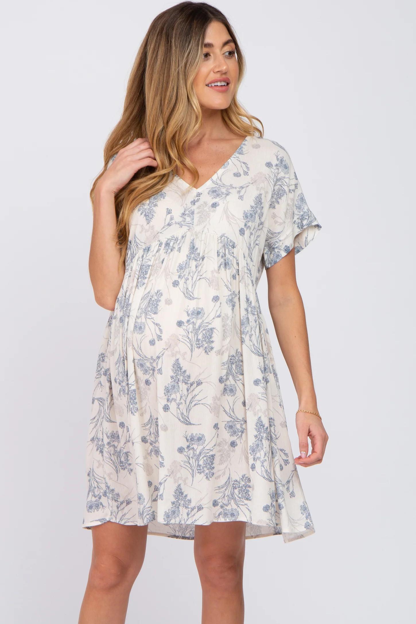 Blue Floral V-Neck Maternity Dress | PinkBlush Maternity