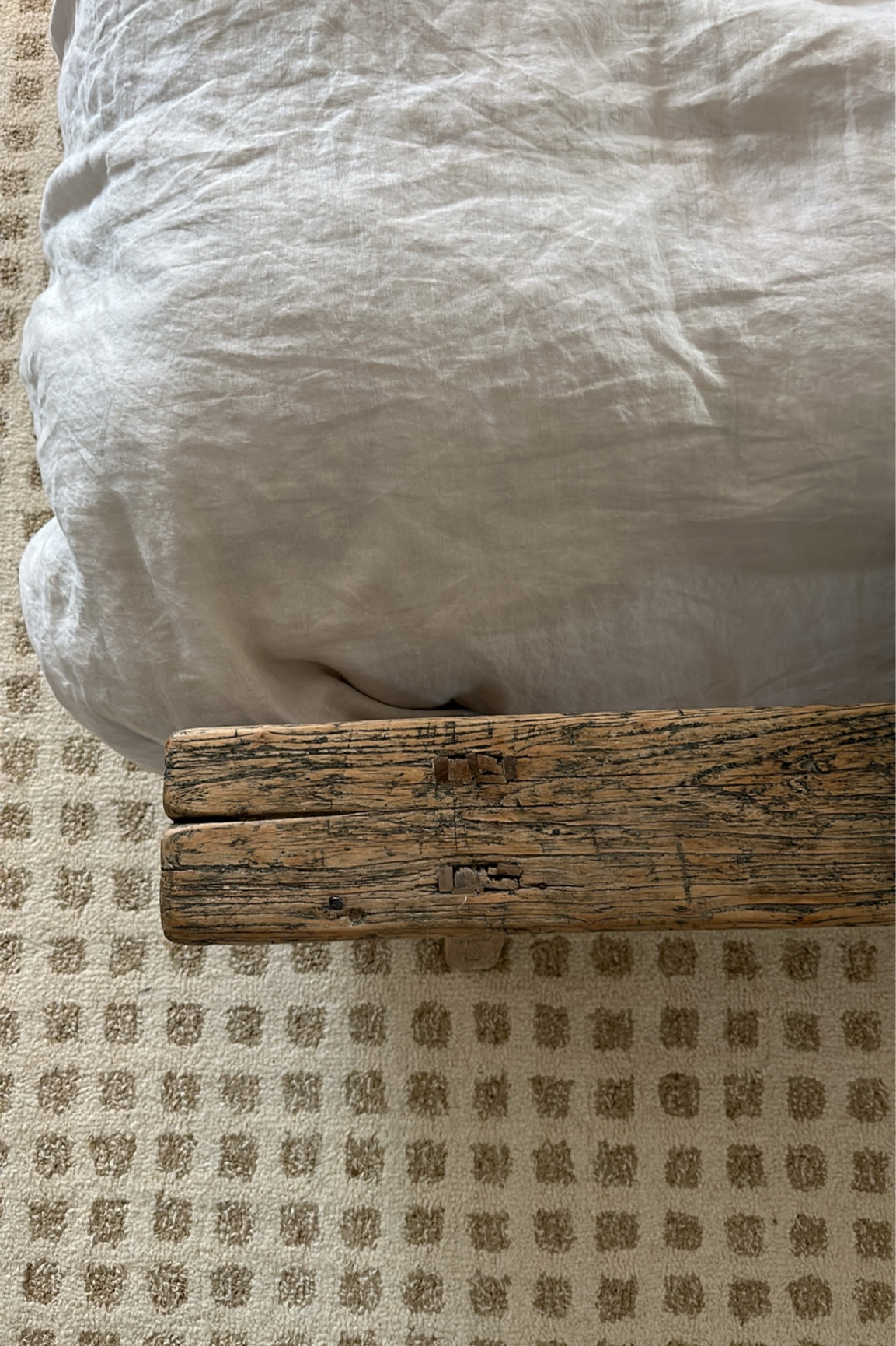 Vintage bench 
Wool rug
Checkered rug 
Linen bedding 

#LTKhome