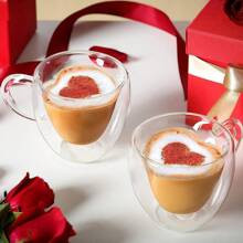 Creative heart-shaped glass coffee mug, double-layer insulated milk mug, juice mug with handle 1pc | SHEIN