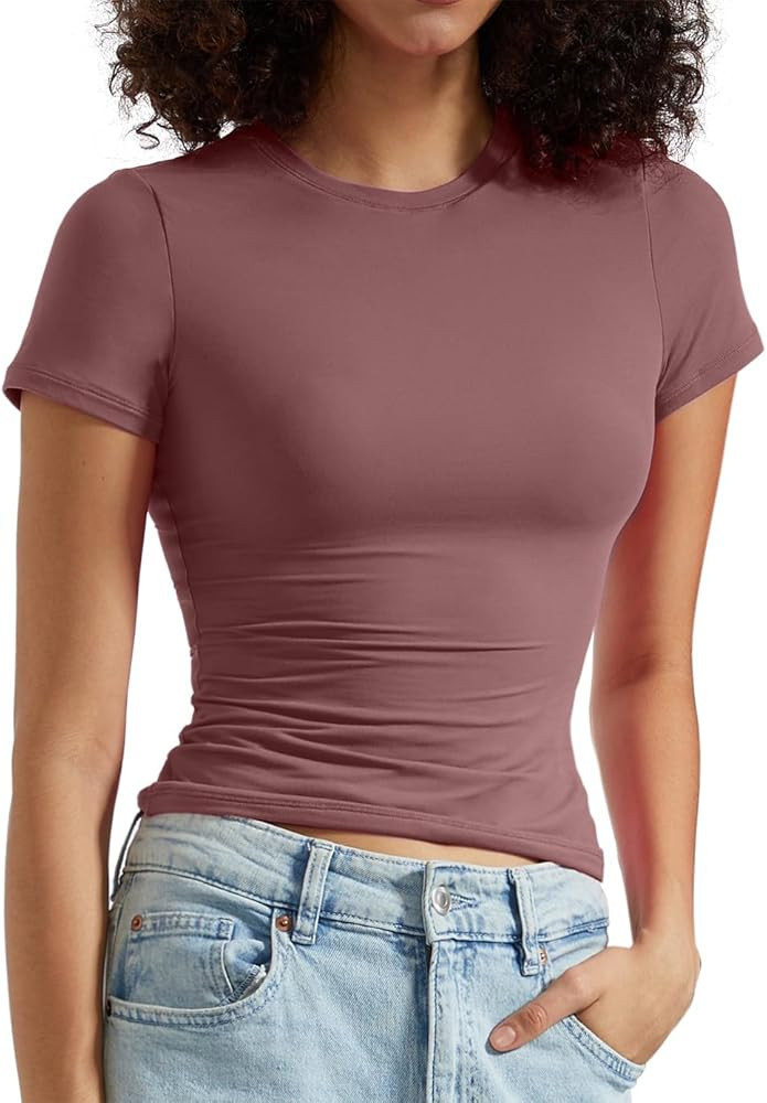 OMKAGI Double Lined Slim Fit T Shirts for Women Short Sleeve Crew Neck Crop Top | Amazon (US)