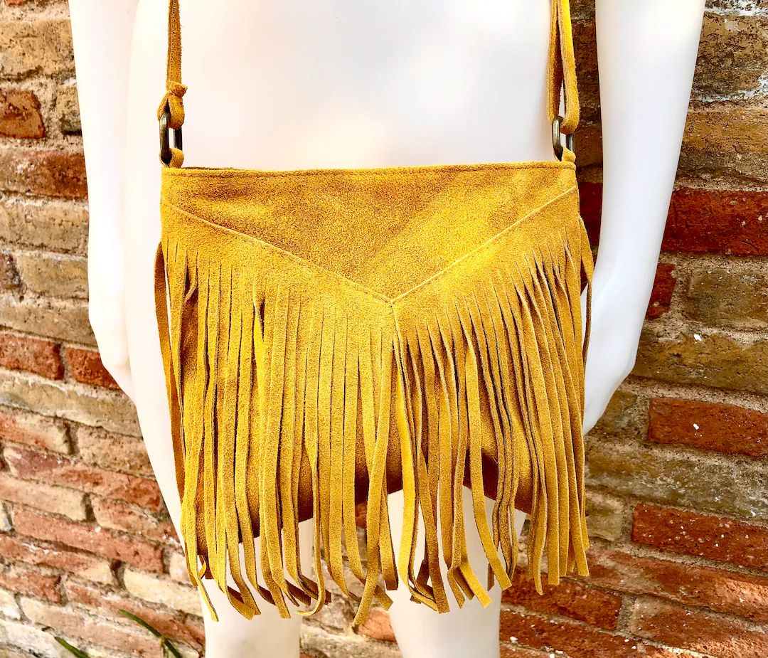 Cross Body Bag. BOHO Suede Leather Bag in MUSTARD With FRINGES. Messenger Bag in Soft Genuine Sue... | Etsy (US)