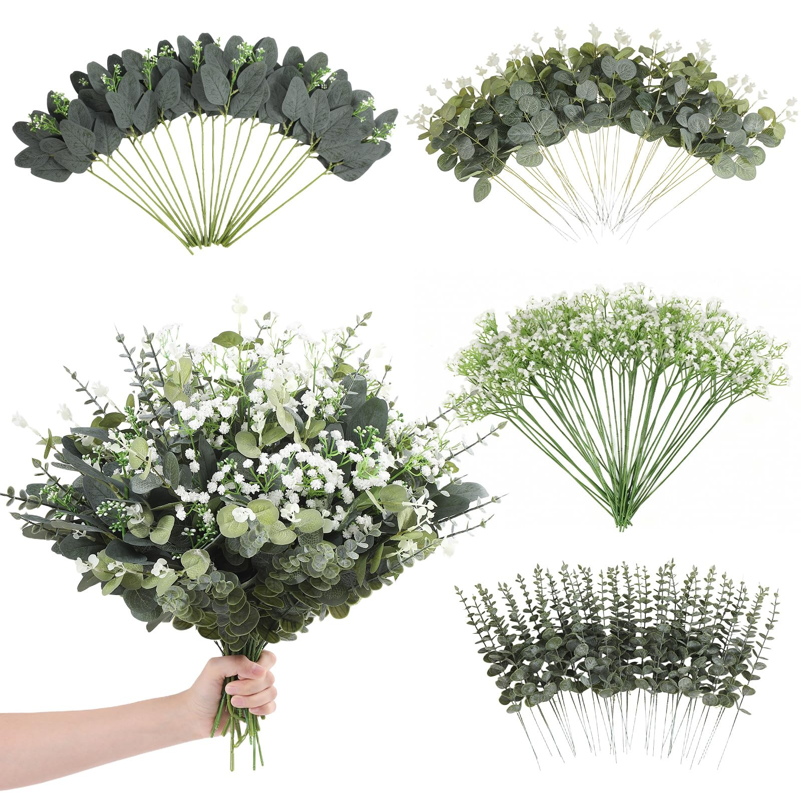 120 Pcs Mixed Artificial Eucalyptus Leaves Stems Bulk,Baby Breath Artificial Flowers Bulk with Eu... | Amazon (US)
