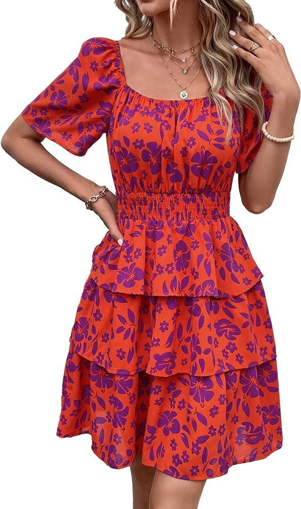 PRETTYGARDEN Women's 2024 Floral Summer Short Dress Square Neck Short Sleeve Tiered Ruffle Boho S... | Amazon (US)