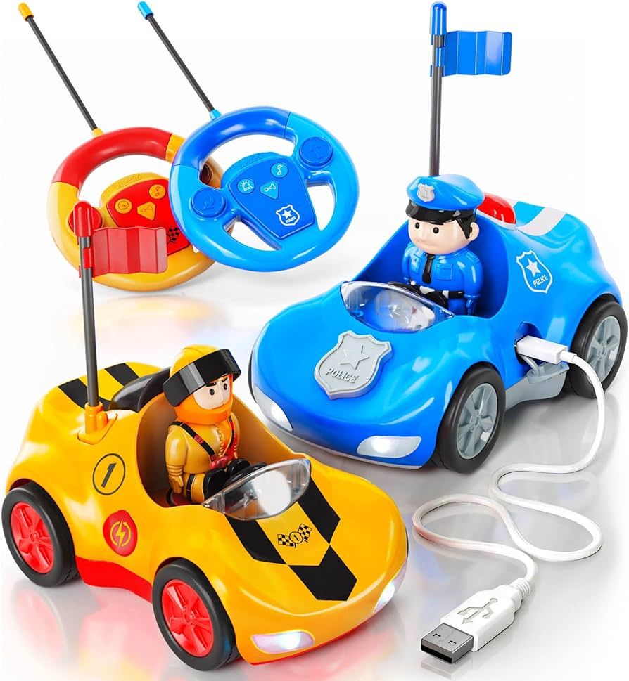 Rechargeable Remote Control Cartoon Cars for Little Kids, 2 Pack Police & Race RC Car - Toys for ... | Amazon (US)
