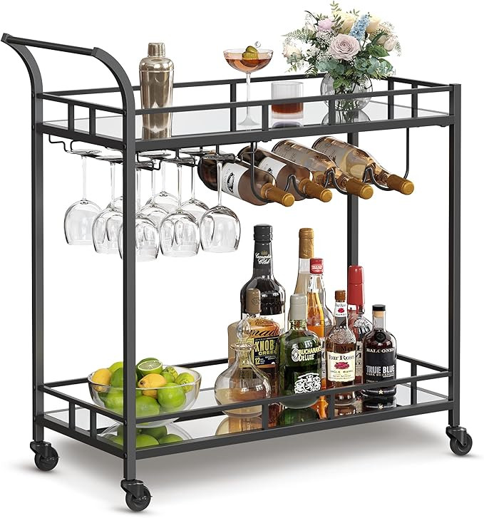 VASAGLE Bar Cart Black, Home Bar Serving Cart, Wine Cart with 2 Mirrored Shelves, Wine Holders, G... | Amazon (US)