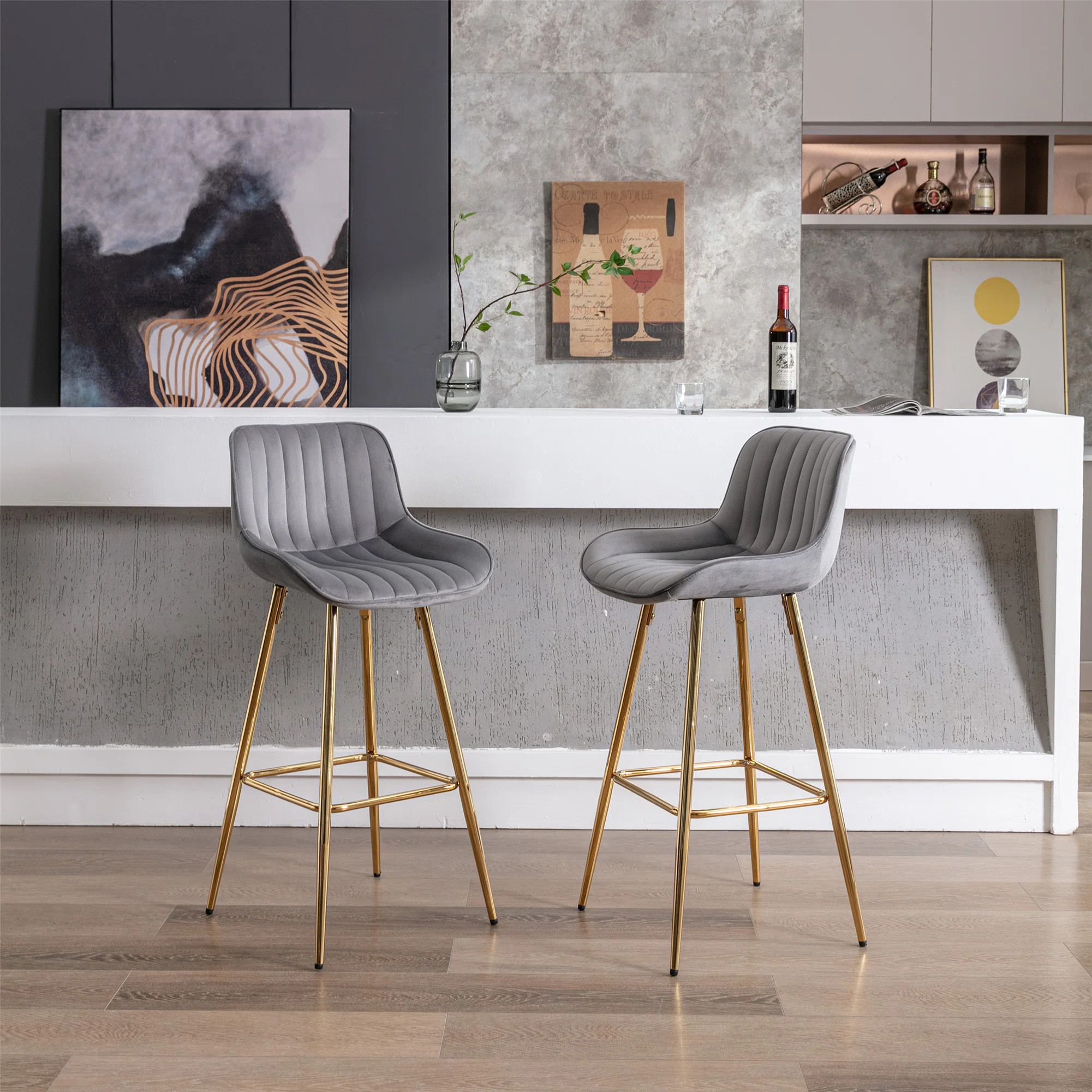 Everly Quinn Amyris 30 inch Set of 2 Bar Stools,with Chrome Footrest Velvet Fabric Counter Stool ... | Wayfair North America