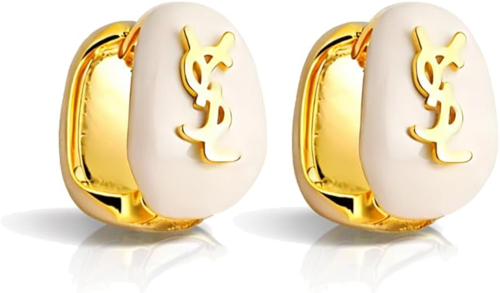 White Enamel Earrings with Gold Logo, Oval Stud Earrings, Designer Inspired Fashion Jewelry | Amazon (US)
