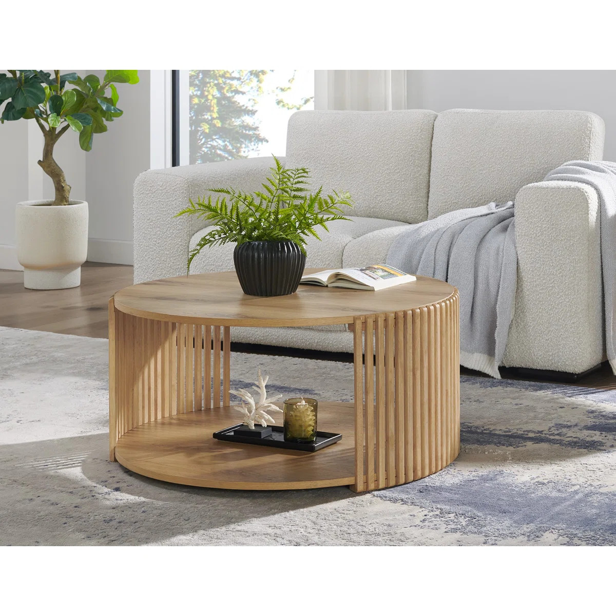 Estie Round Wood Slatted Coffee Table With Open Shelf | Wayfair North America