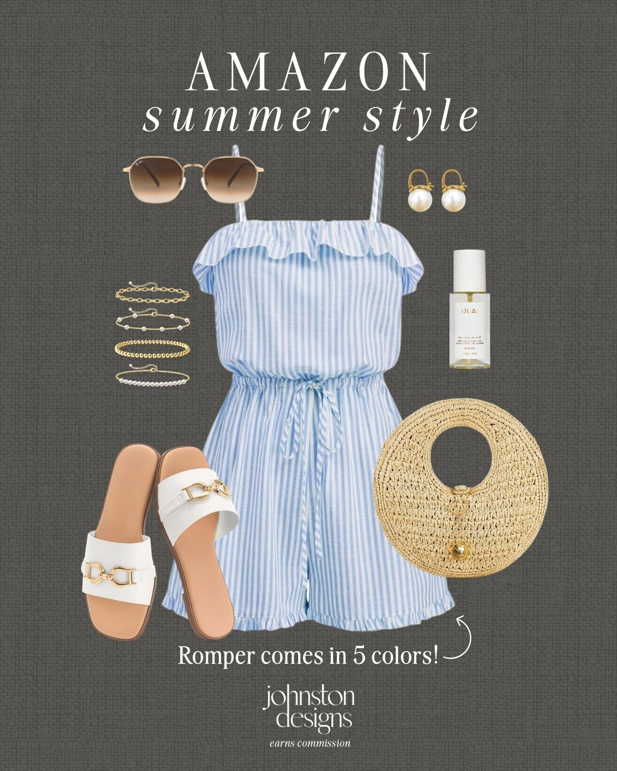 Amazon summer style with a striped romper, white sandals and pretty woven accessories for an easy vacation look. 🩵

Amazon summer romper, striped blue romper, vacation outfit idea, white slide sandals, round straw bag, pearl drop earrings, gold bracelet stack, summer sunglasses, easy warm weather style, casual beach outfit, affordable Amazon fashion, resort wear finds, cute weekend look, romper outfit inspo 

 #LTKootd #LTKSeasonal