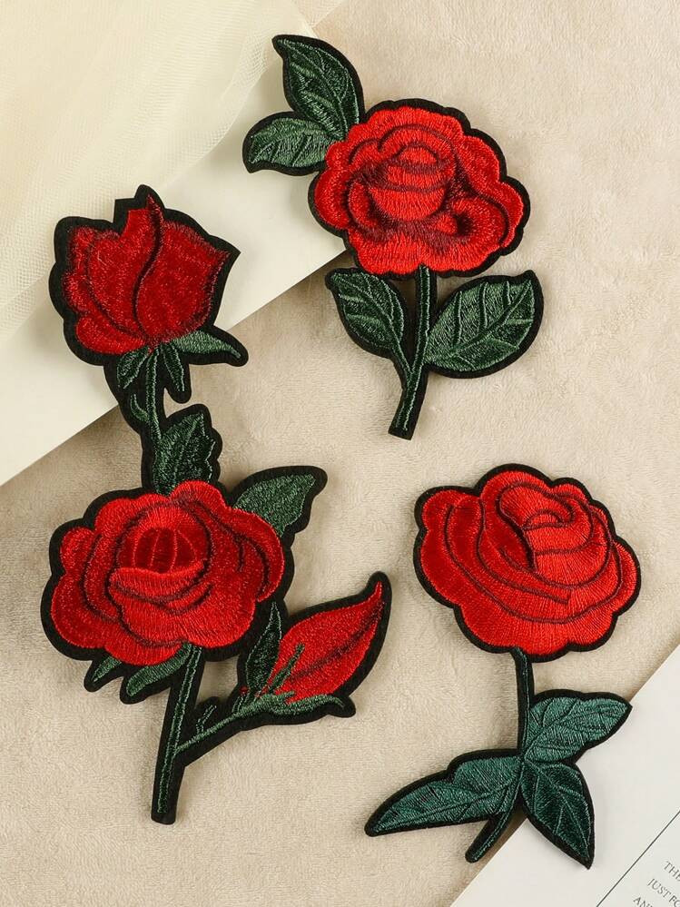 1set/3pcs Embroidered Rose Patches For Clothing, Hat, Bag Diy Iron-On Applique | SHEIN