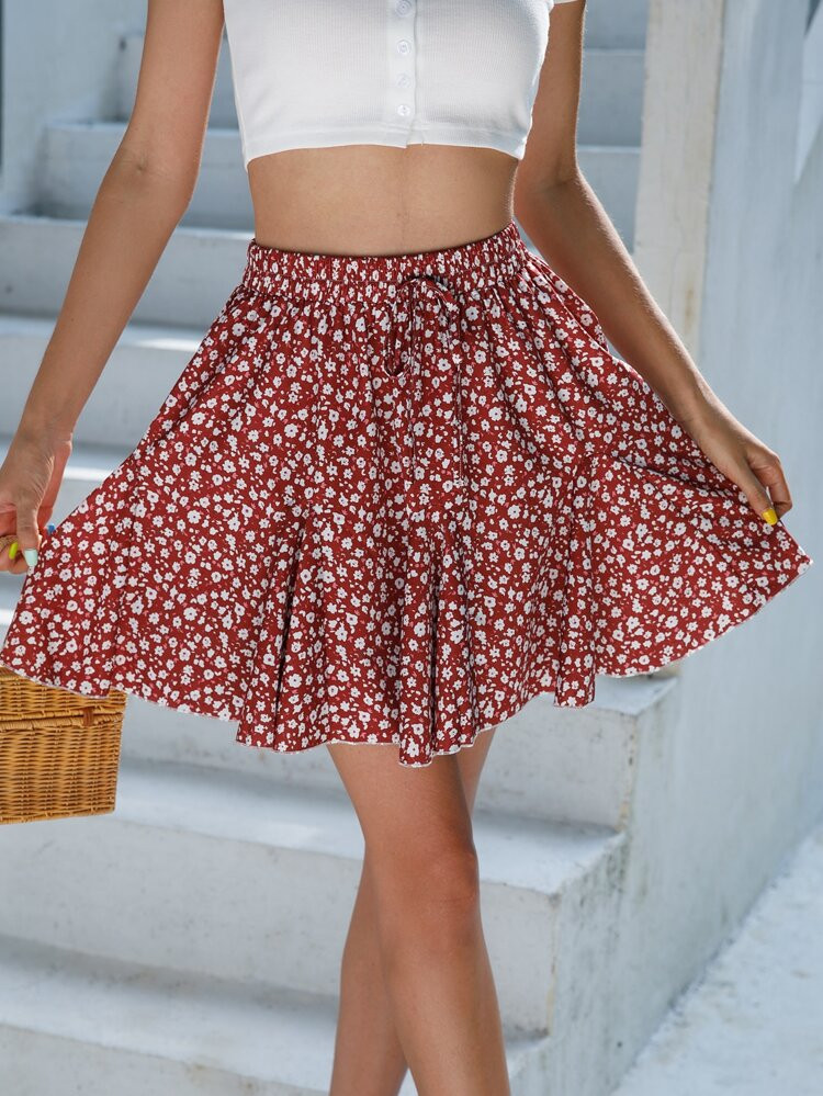 Ditsy Floral Tie Front Flared Skirt | SHEIN
