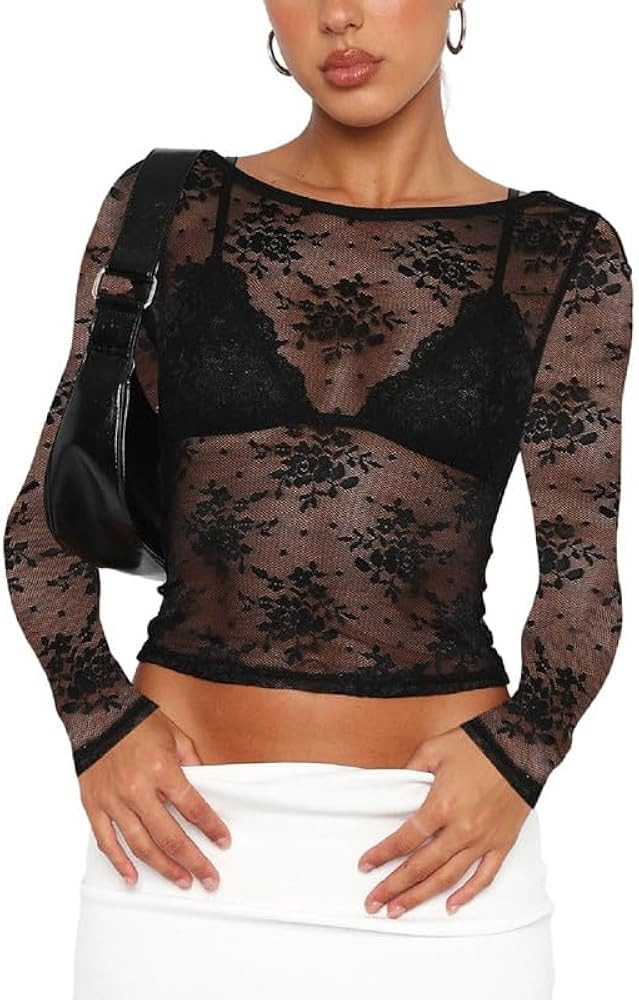 Womens Y2k Lace Floral Top Sheer Mesh See Through Long Sleeve Crop Top Slim Fit Skinny Tee Blouse... | Amazon (US)
