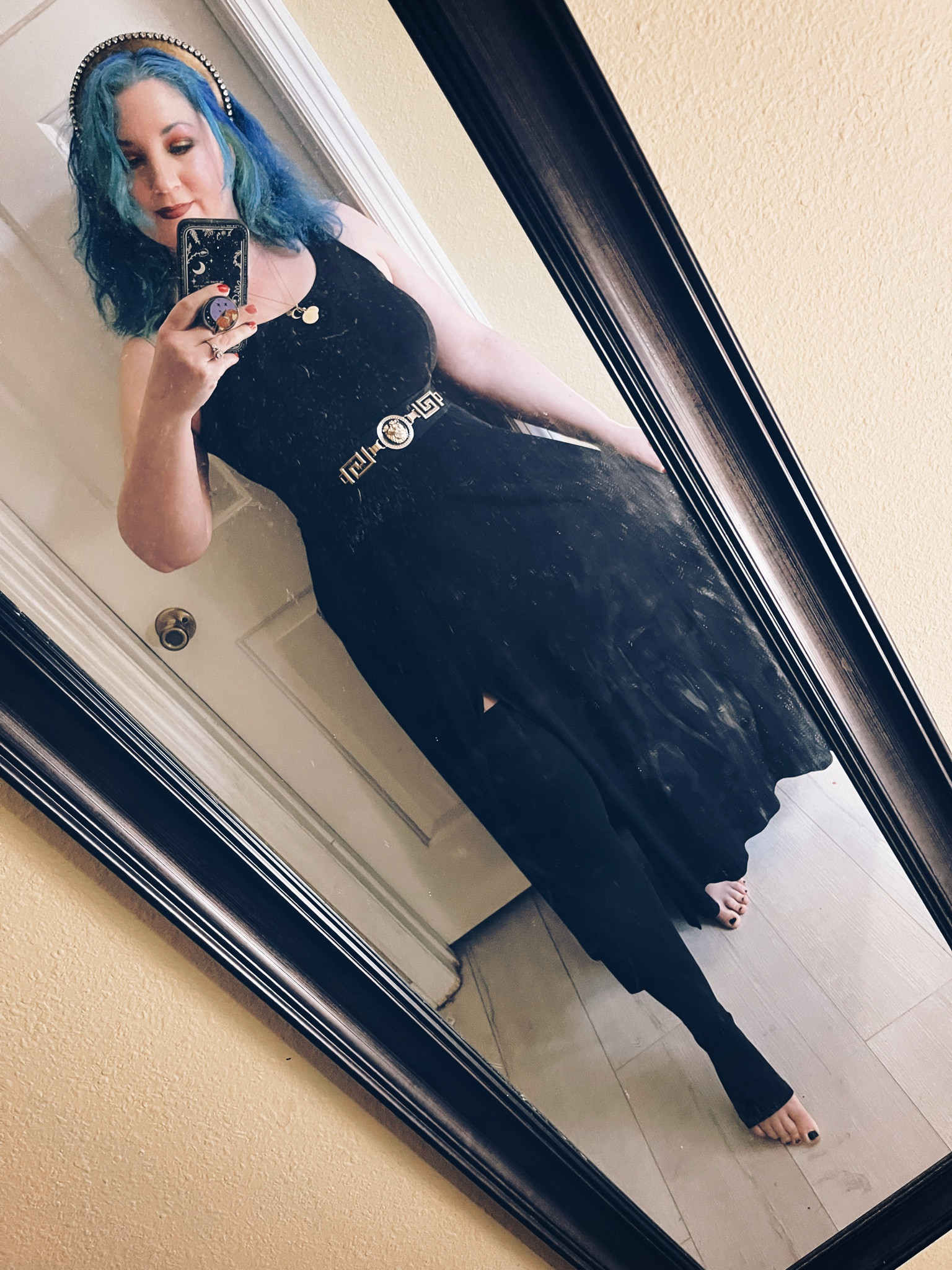 Soo today’s outfit! Cute dress and Compression stockings on as usual. No shoes, I’m not going anywhere. Hahah as usual. 
#mirrorselfie
#mirrorpic
#dressoftheday
#dopaminedressing 
#outfitinspo
#outfitideas

#LTKSaleAlert #LTKMidsize #LTKOver40
