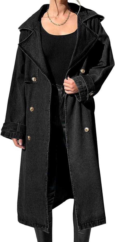 Fazortev Women's Long Double Breasted Denim Jacket Oversized Button Down Maxi Jean Coat Classic L... | Amazon (US)