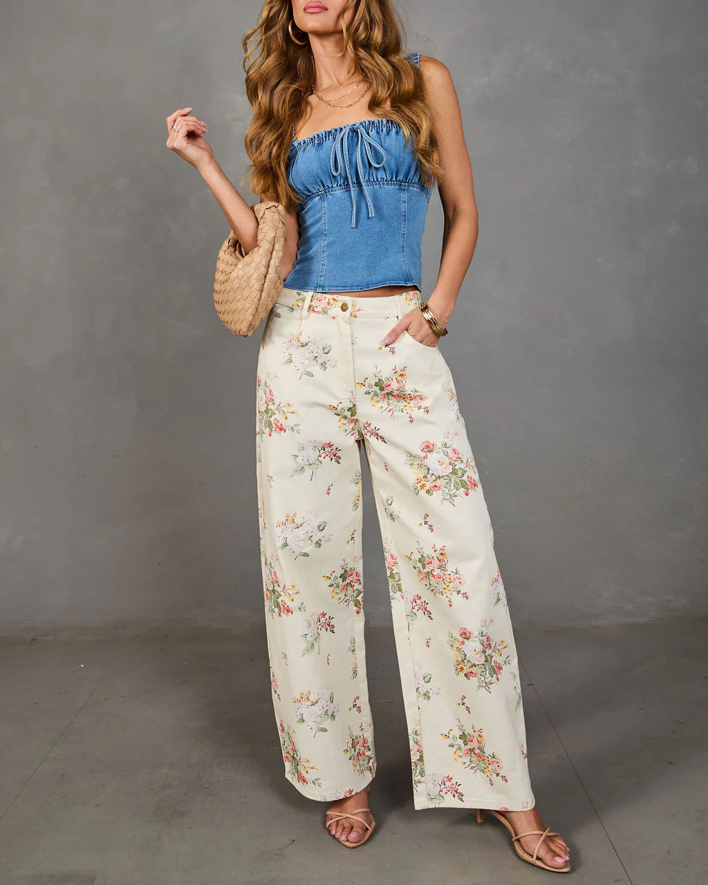 Sunlit Petals Rigid Mid Rise Wide Leg Floral Jeans | VICI