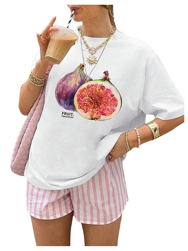 SweatyRocks Women's Letter Fruit Graphic Tees Short Sleeve Crew Neck Vintage T Shirts | Amazon (US)