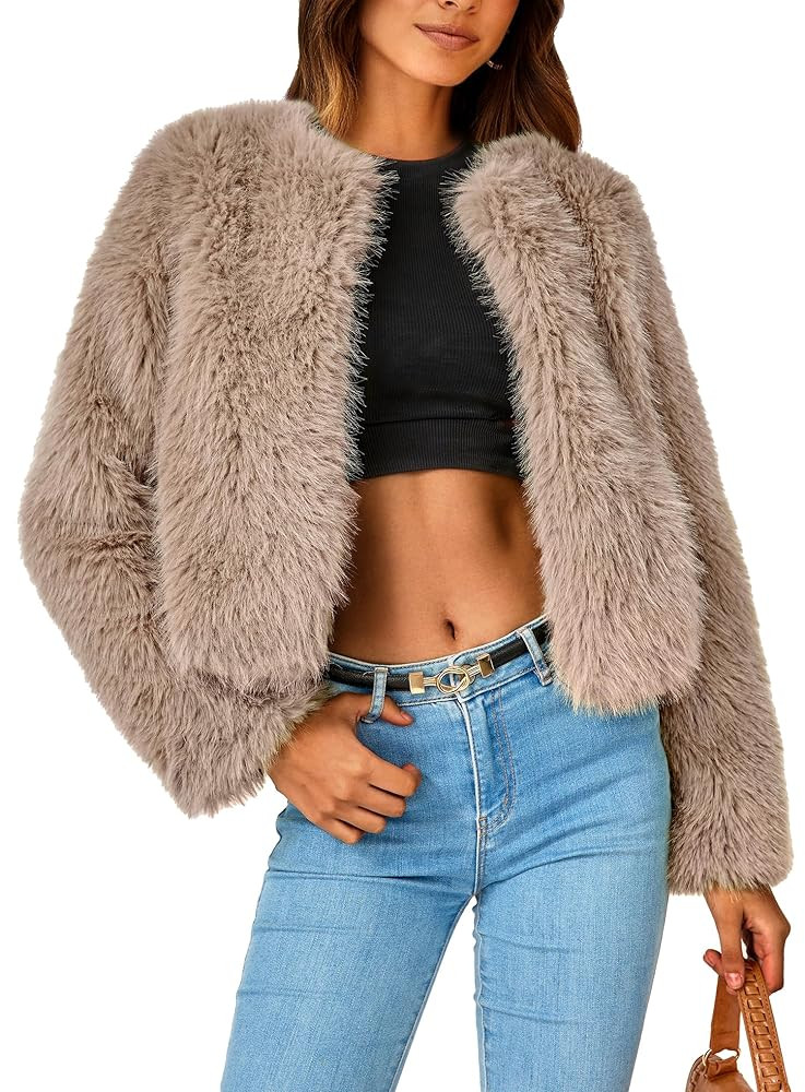 PRETTYGARDEN Women's 2025 Winter Coats Fleece Cropped Jacket Faux Fur Long Sleeve Pockets Shaggy ... | Amazon (US)