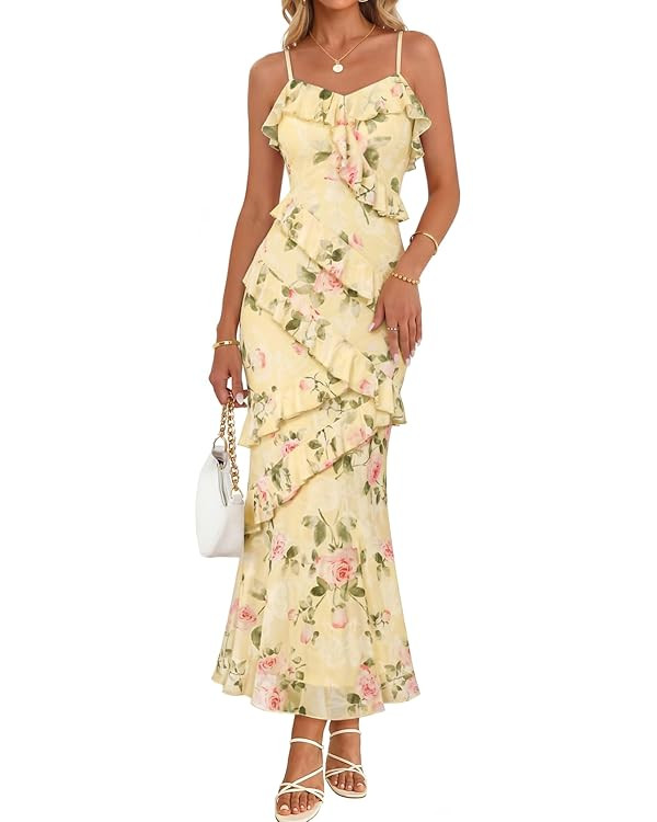 MEROKEETY Summer Floral Wedding Guest Maxi Dress Womens 2026 Spring Formal Bodycon Ruffle Spaghet... | Amazon (US)