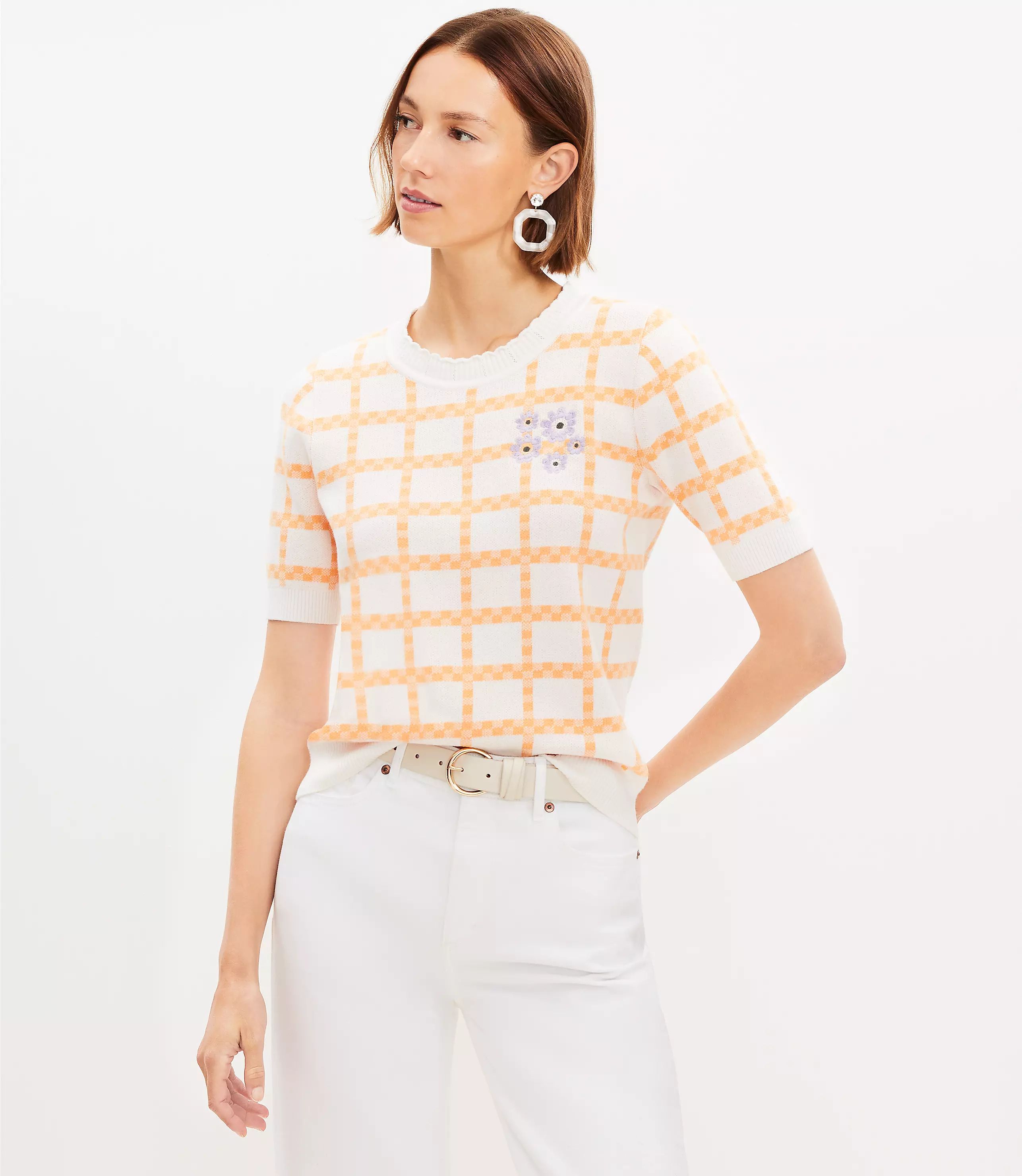 Floral Embroidered Gingham Sweater Tee | LOFT