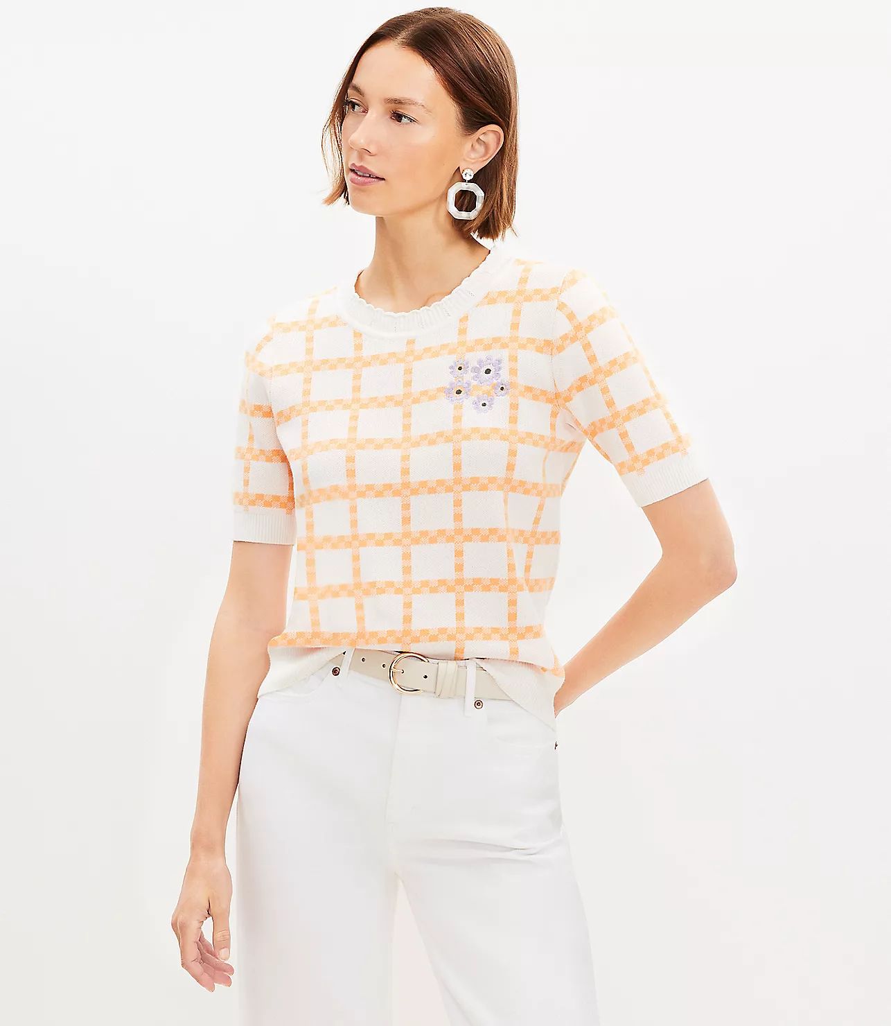 Floral Embroidered Gingham Sweater Tee | LOFT