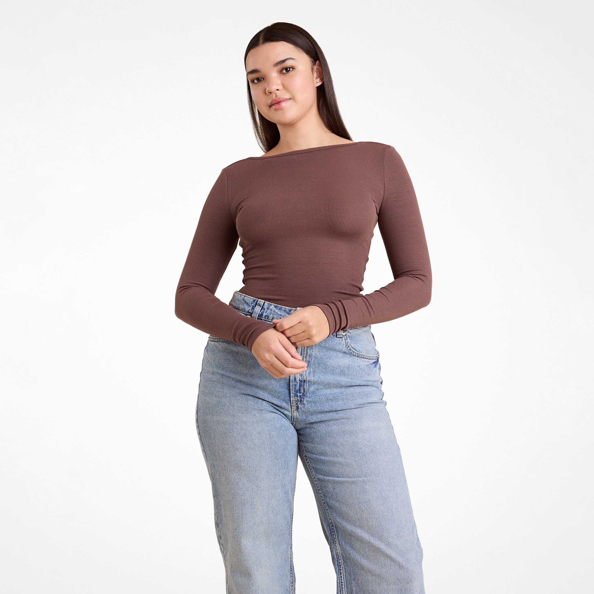 Slinky Rib Long Sleeve Open Back Shirt | Mocha | Nuuds US