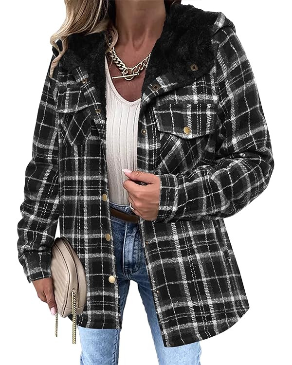Zeagoo Womens Plaid Shacket Jacket Long Sleeve Fleece Hooded Jackets Fall Winter Warm Coat S-2XL | Amazon (US)