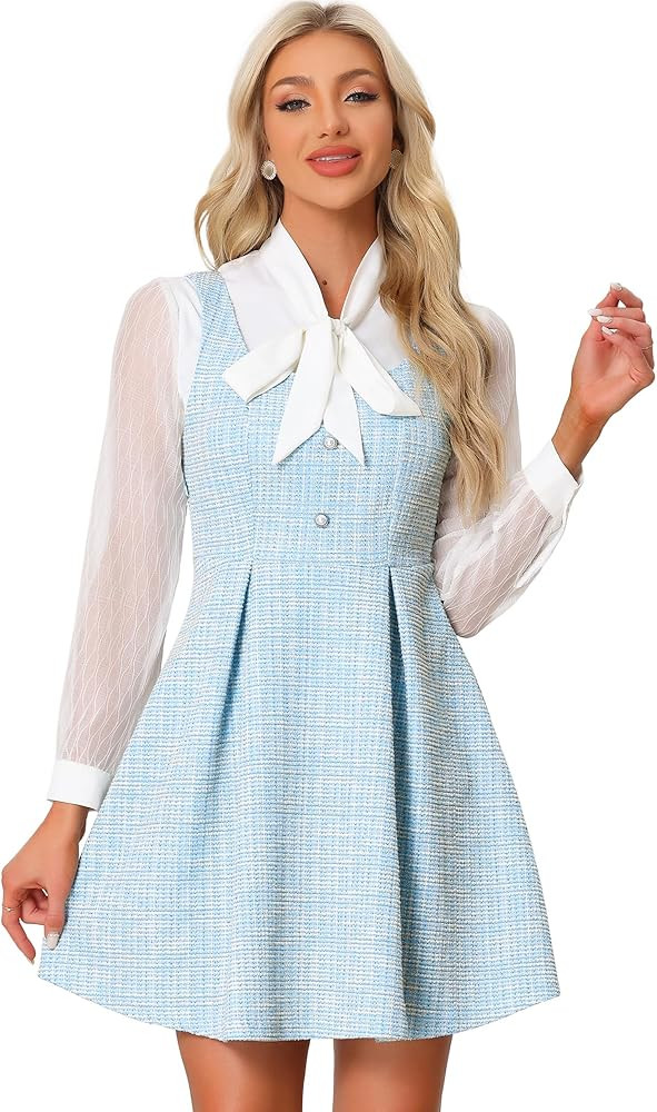 Allegra K Tweed Dress for Women's Pinafore Overall Sleeveless A-Line Plaid Tank Dresses | Amazon (US)