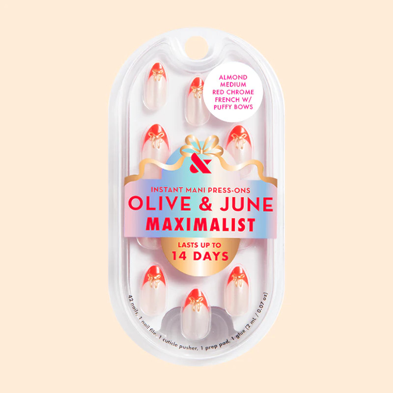 Red Chrome French with Puffy Bows - Press-On | Medium | Almond | Olive & June