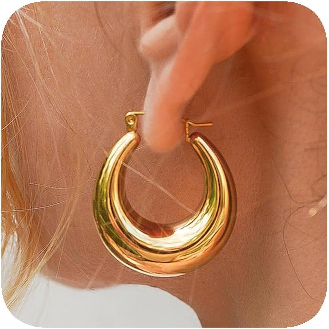 Chunky Gold Hoop Earrings for Women, 14k Gold Plated Thick Triple Twisted Hoop Earrings Hypoaller... | Amazon (US)