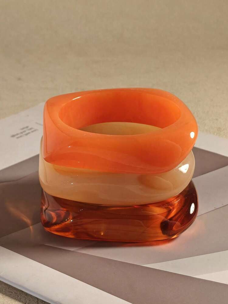 3pcs New Fashionable Minimalist Asymmetric Geometric Square Resin Amber & Orange Tie-Dye Stackabl... | SHEIN