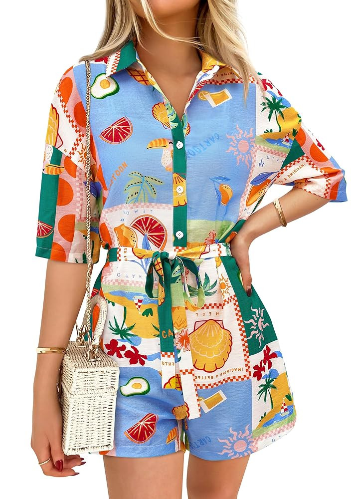 PRETTYGARDEN Womens Rompers for Summer 2025 Beach Vacation Clothes Short Sleeves Floral Jumpsuits... | Amazon (US)