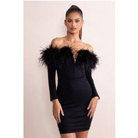 Celia | Black Plunge Neck Bardot Mini Dress With Feather Trim Detail | Club L London