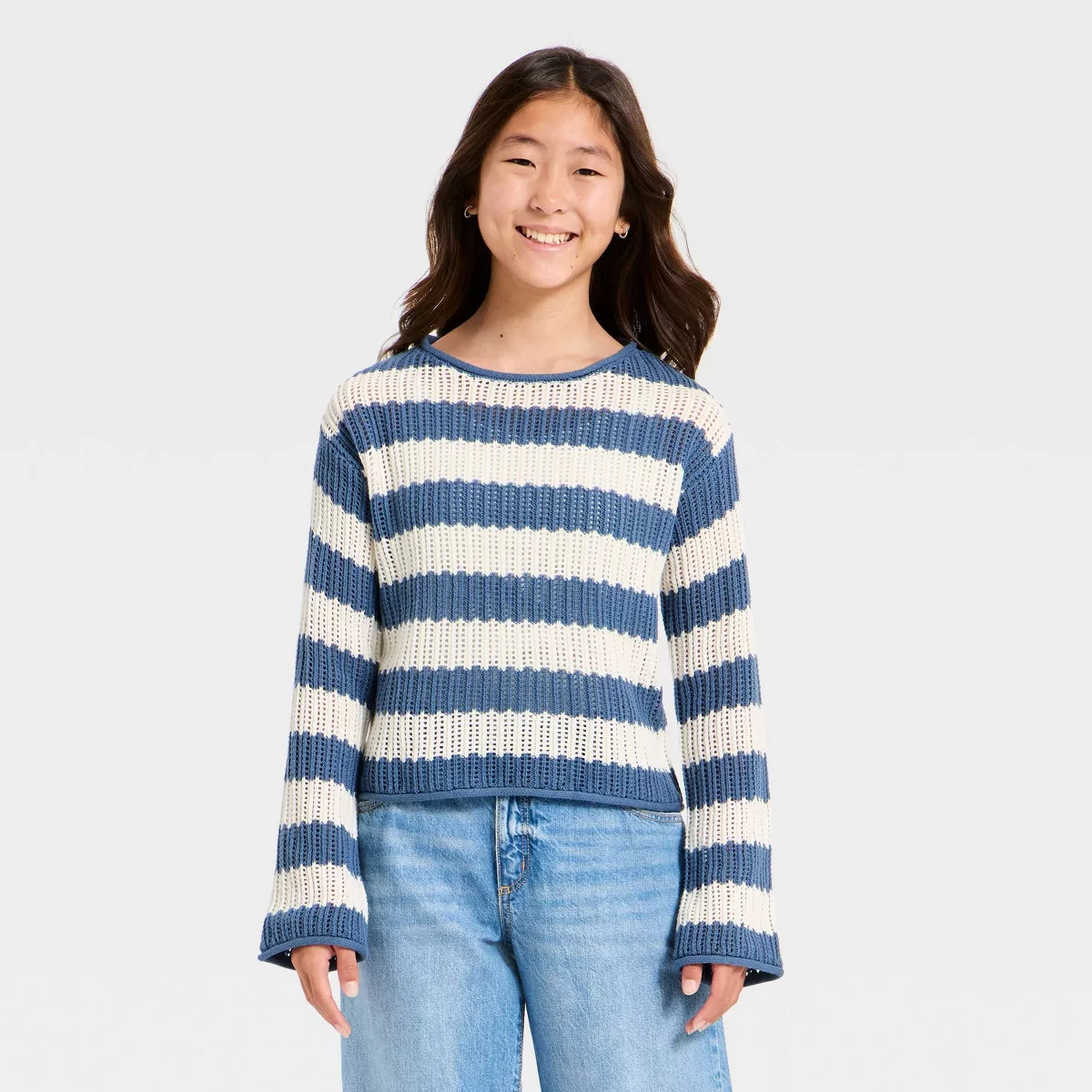 Girls' Open Knit Striped Sweater - art class™ Cream/Blue XS | Target