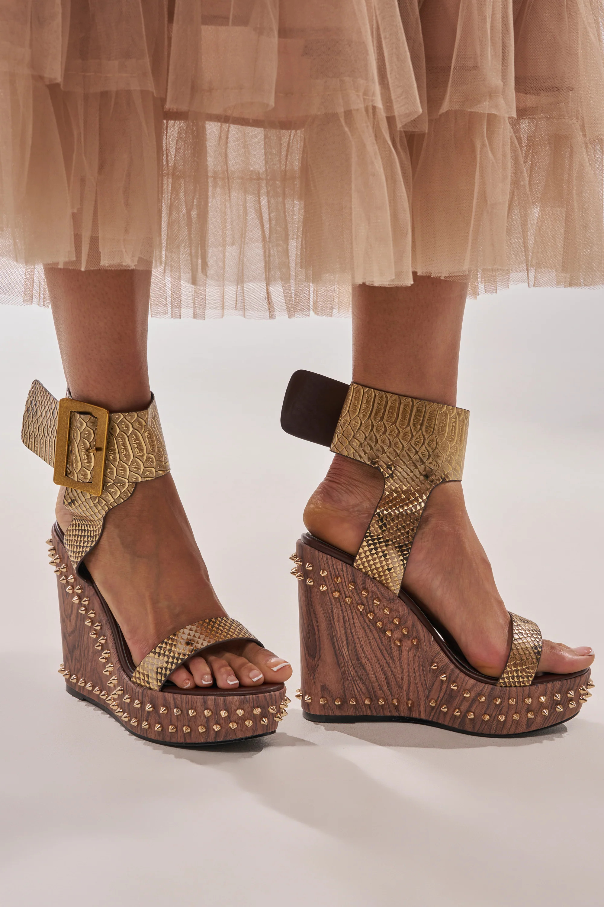 AKIRA GOLD SLOANE BROWN STUD AND SNAKE WEDGE SANDAL | AKIRA