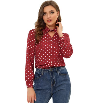 INSPIRE CHIC Women's Polka Dots Vintage Choker Neck Button Down Shirt X-Small Wine Red | Target