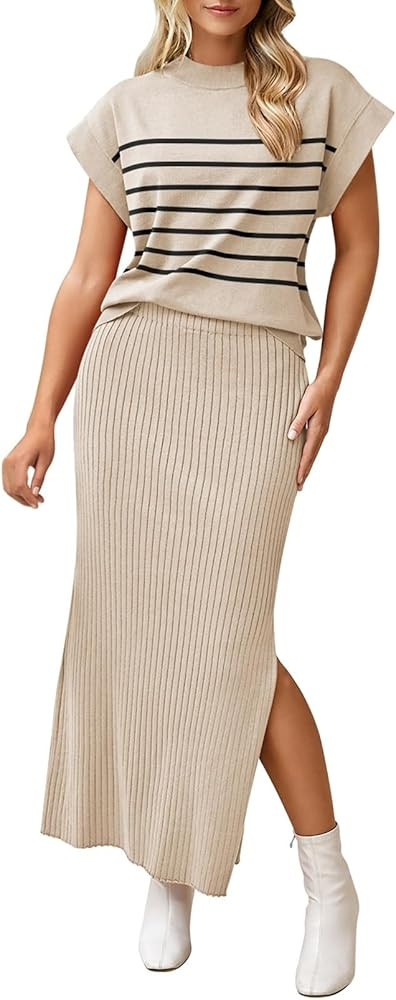 Pink Queen Women's 2 Piece Sweater Outfits Set Summer Cap Sleeve Tops Bodycon Maxi Long Skirt Kni... | Amazon (US)