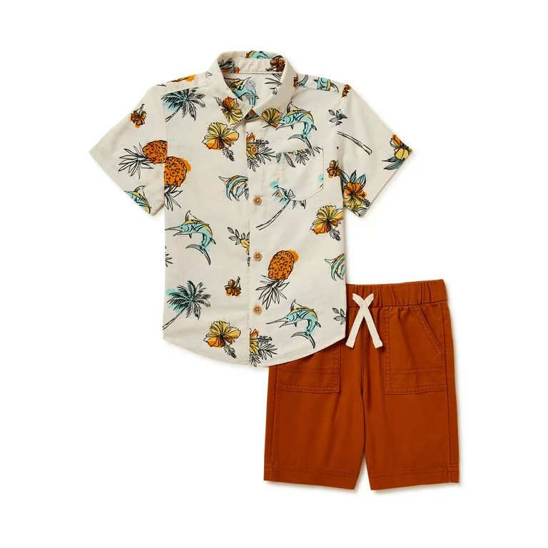 Wonder Nation Toddler Boys Short Sleeve Woven Button Down Shirt and Shorts, 2-Piece Set, Sizes 12... | Walmart (US)